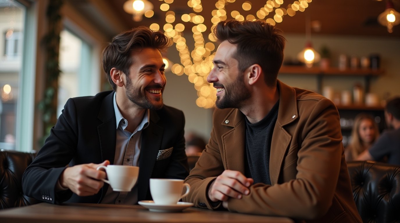 Deux hommes discutant autour d'un café lors d'un premier rendez-vous, après une rencontre en ligne